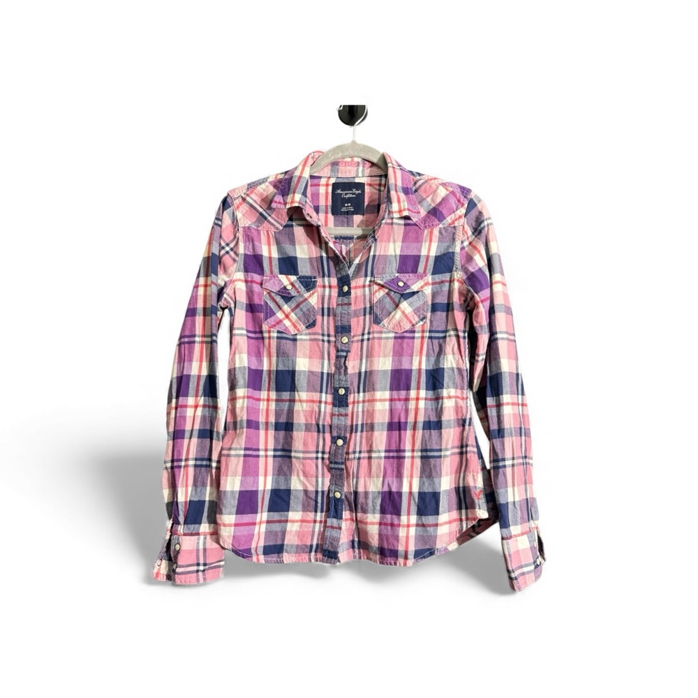 American Eagle Pink and Purple Plaid Button-Up Shirt